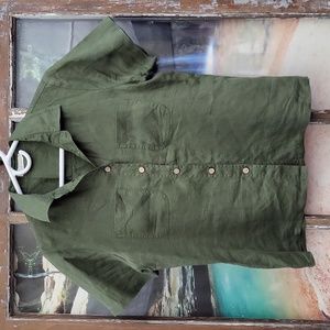 Hannah Canvas Large Olive Short Sleeve Button-up Blouse 100% Linen